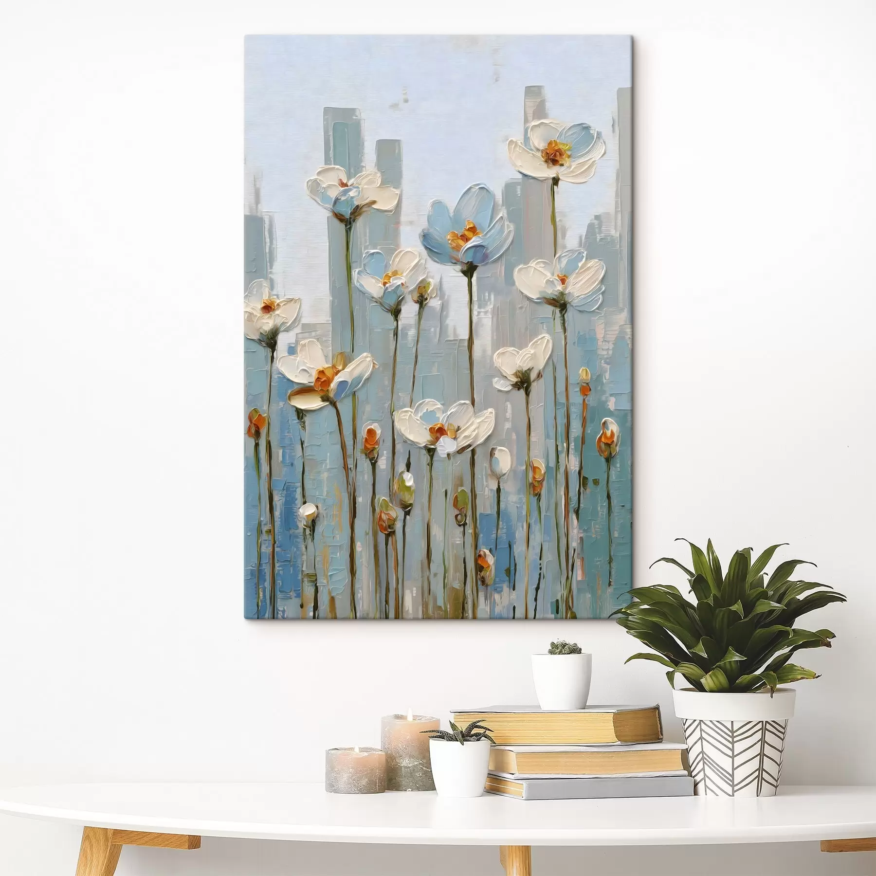 murales flores con la ciudad de fondo, al estilo de una pintura al óleo s48786
