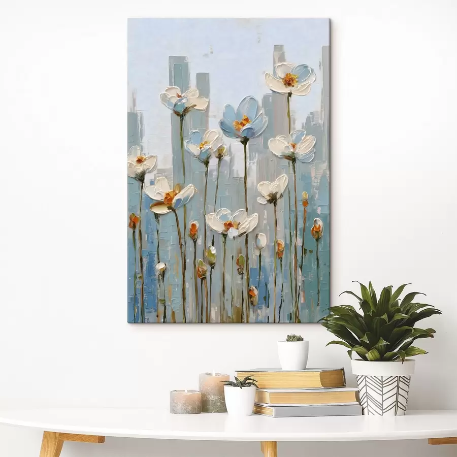 wall murals flowers against a city backdrop, in the style of oil painting s48786