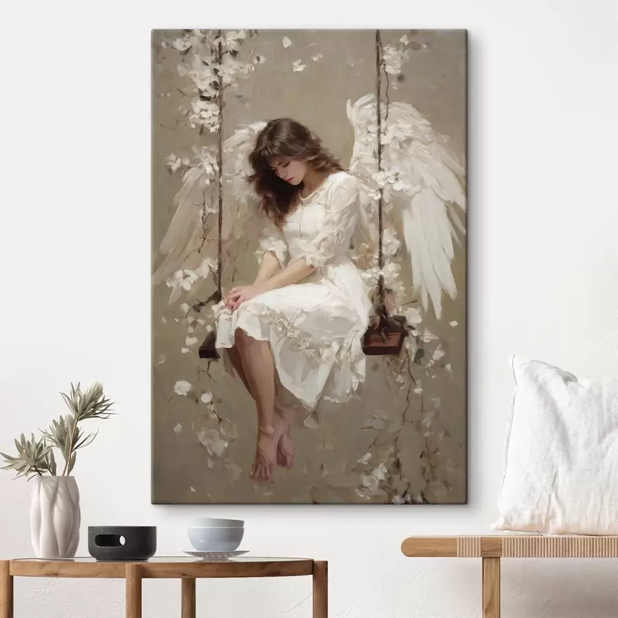wall murals an angel girl on a swing, painted in an oil-style s48789
