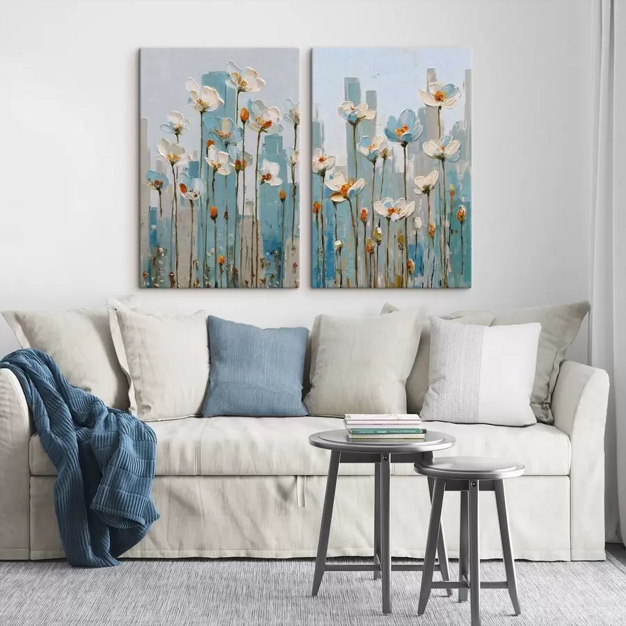 wall murals flowers against a city backdrop, in the style of oil painting m30333