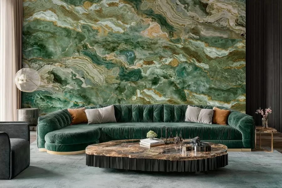 wall murals Green onyx texture with flowing layered veins w05429