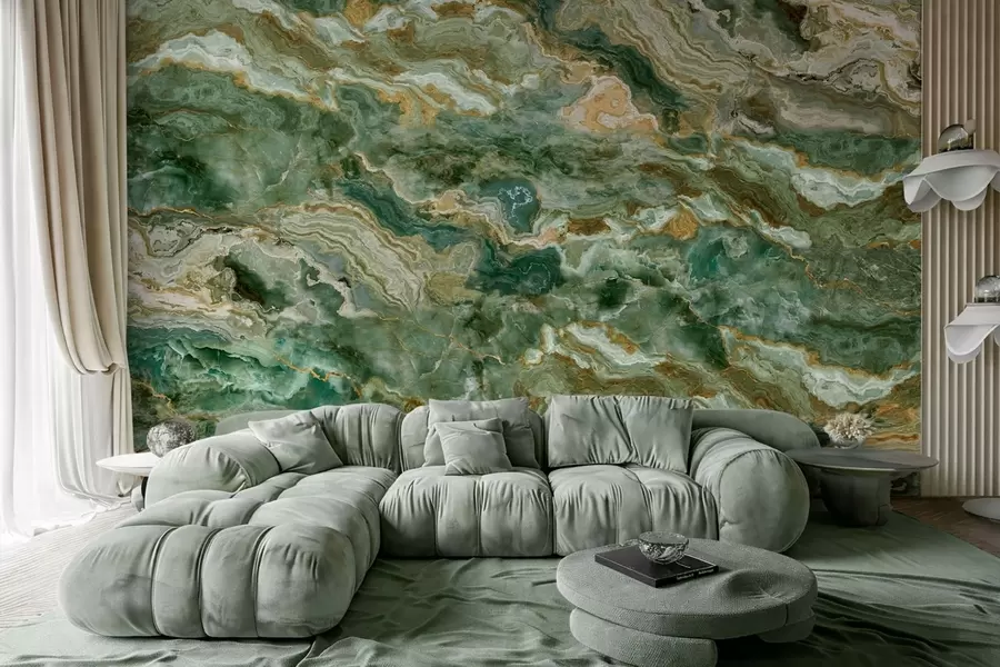 Wall Mural Photo Wallpaper Green onyx texture with flowing layered veins w05429