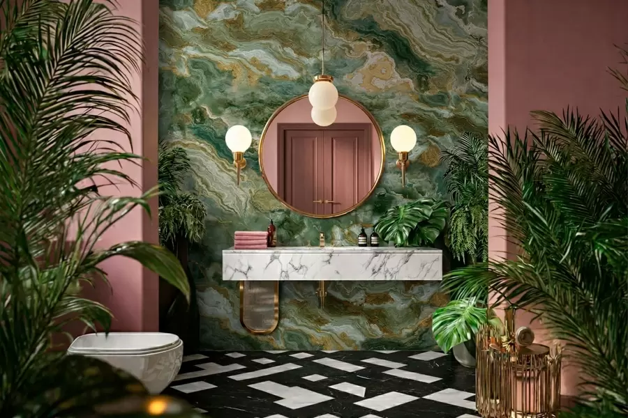 peintures murales Texture d'onyx vert avec des veines fluides en couches w05429