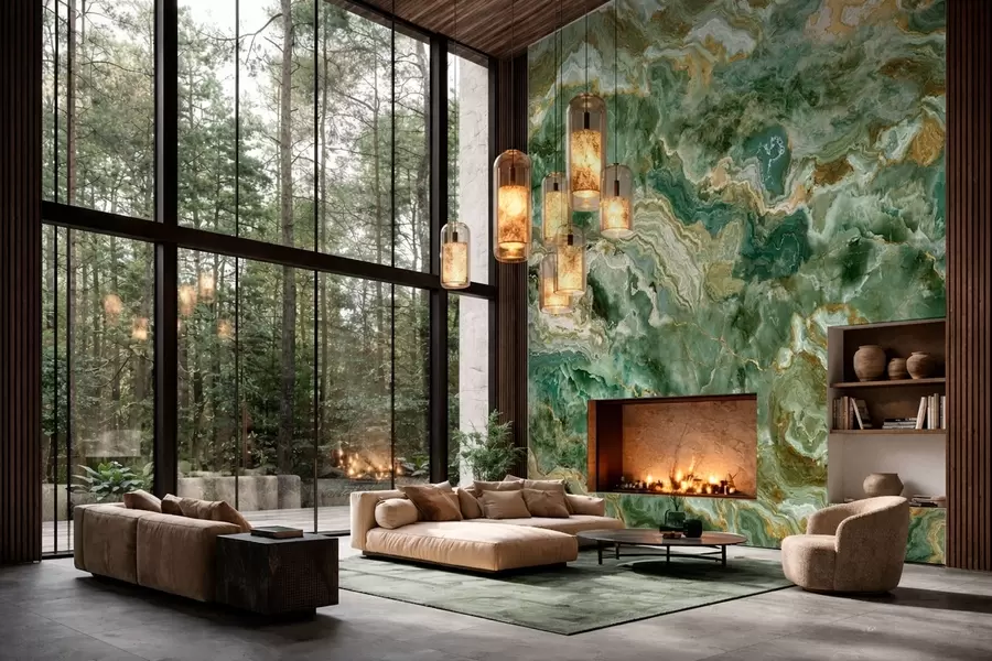 Wall Mural Photo Wallpaper Green onyx texture with flowing layered veins w05429