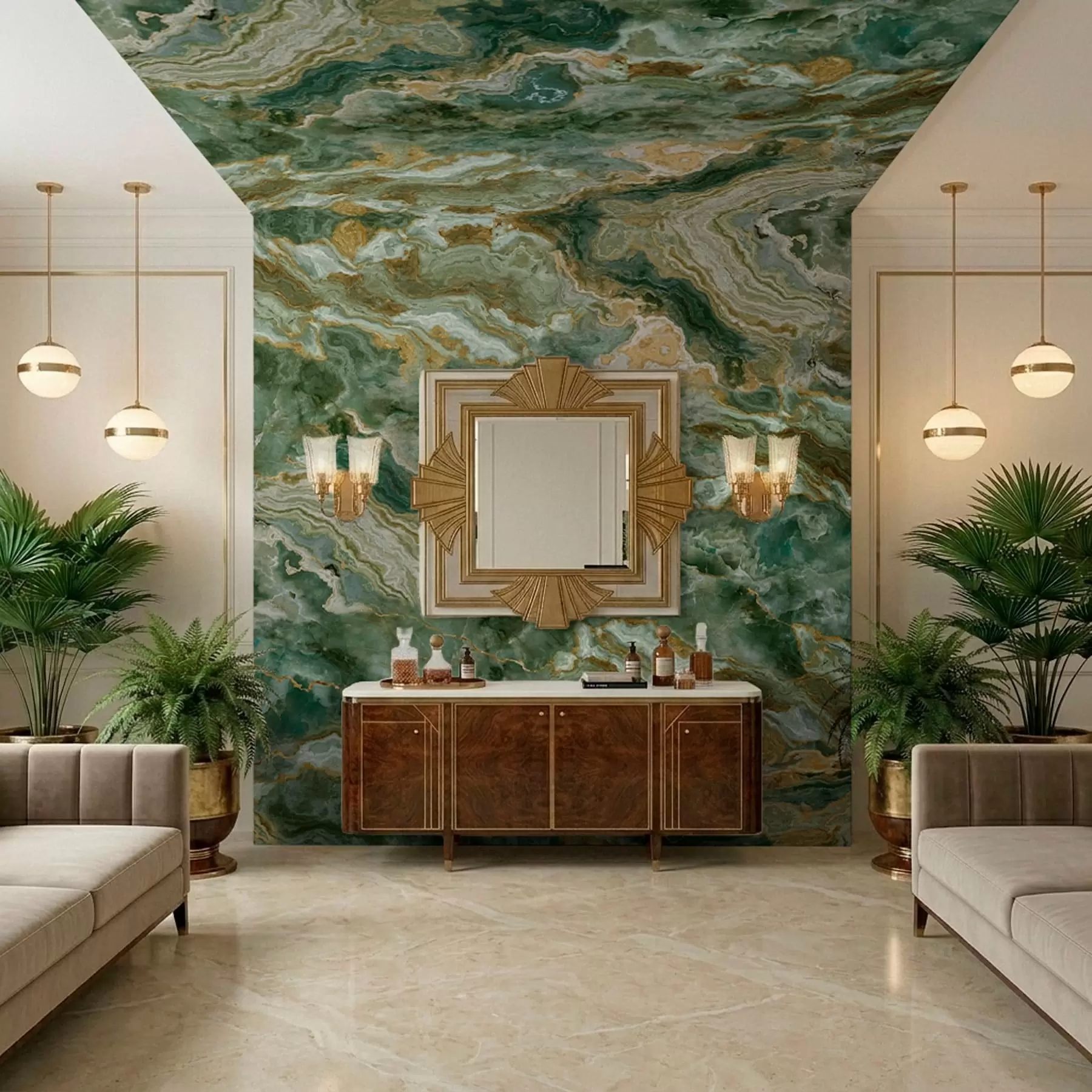 peintures murales Texture d'onyx vert avec des veines fluides en couches w05429