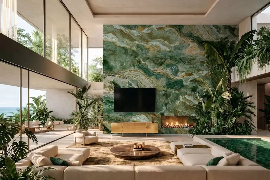 wall murals Green onyx texture with flowing layered veins w05429