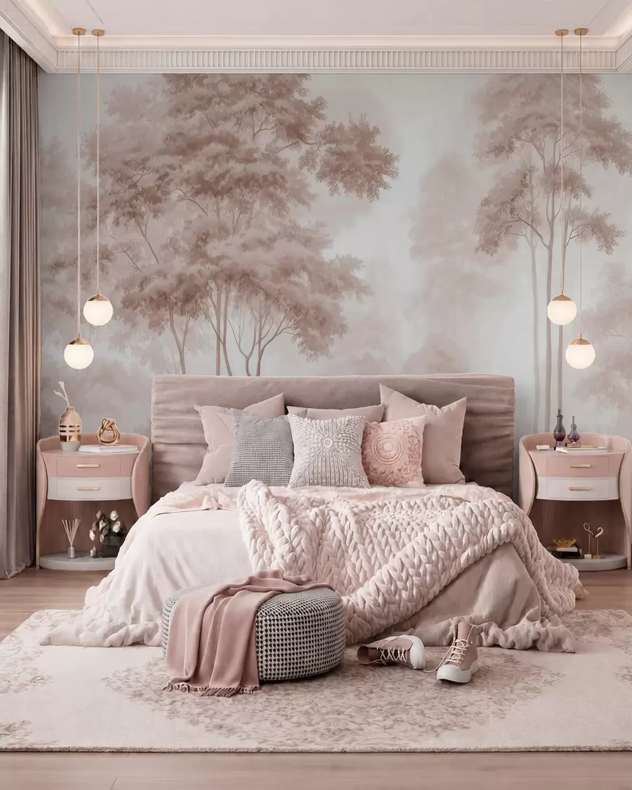 peintures murales Paysage forestier abstrait dans des tons beige fumé, créant une impression de profondeur w09657