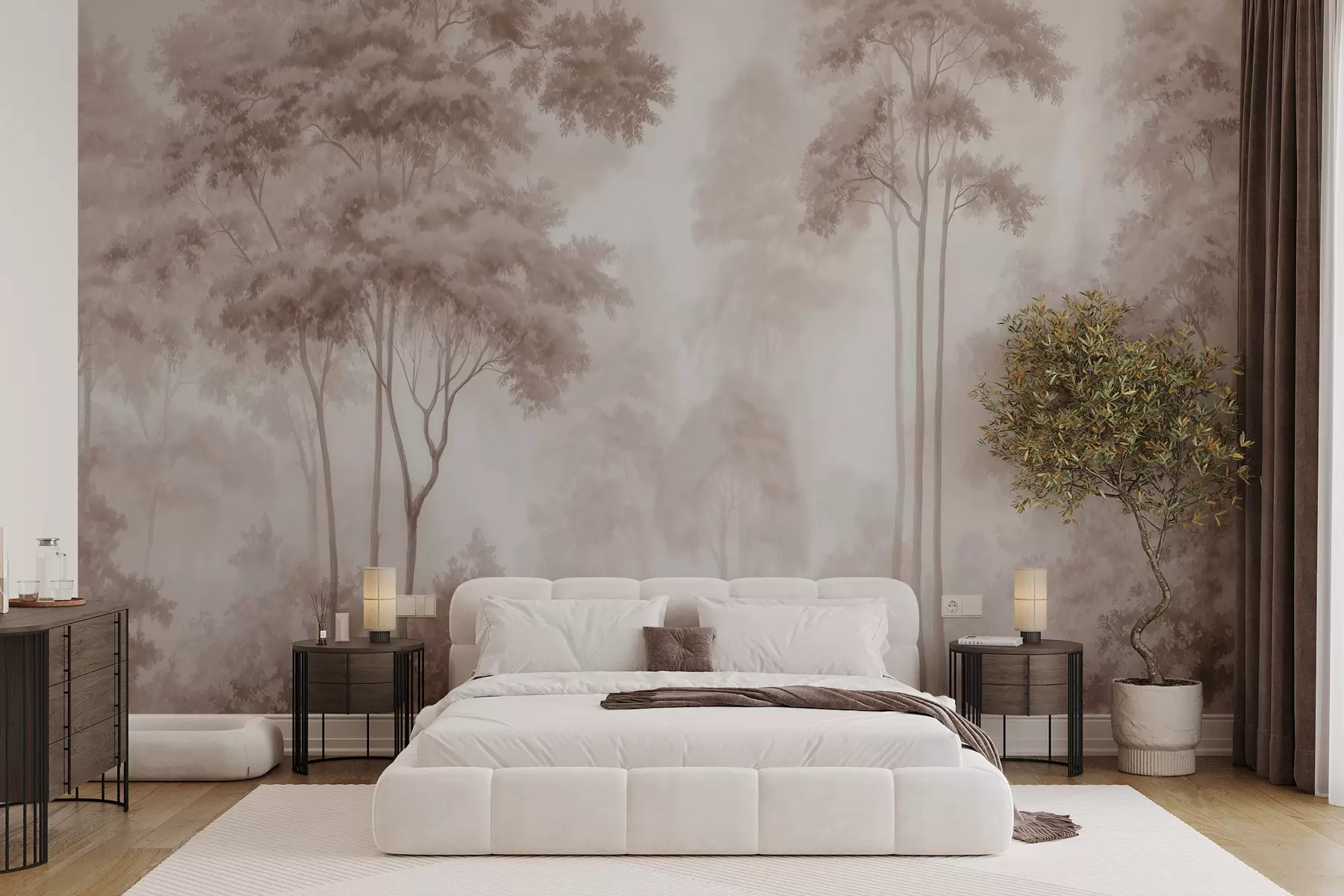 murais de parede Paisagem florestal abstrata em tons de bege esfumado, com uma sensação de profundidade w09657