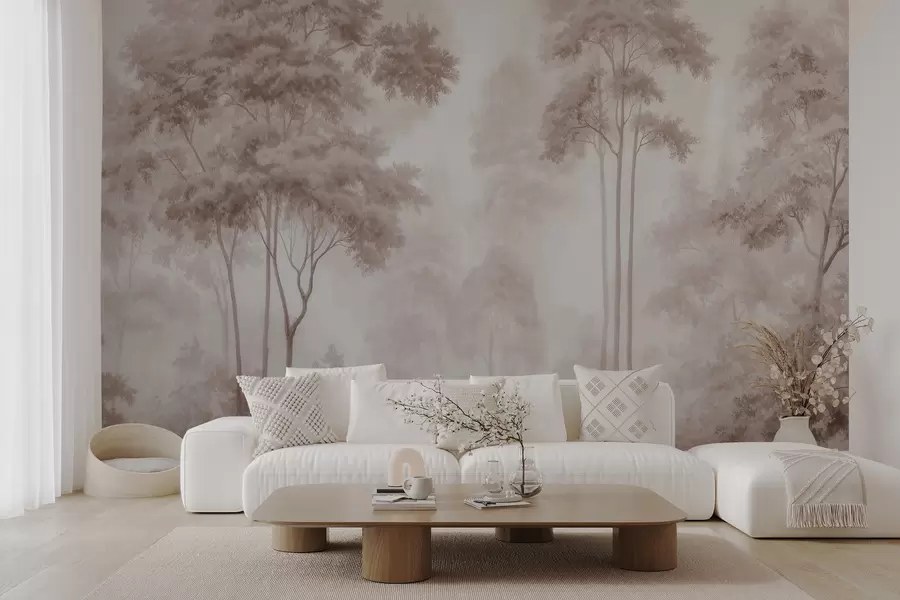 peintures murales Paysage forestier abstrait dans des tons beige fumé, créant une impression de profondeur w09657