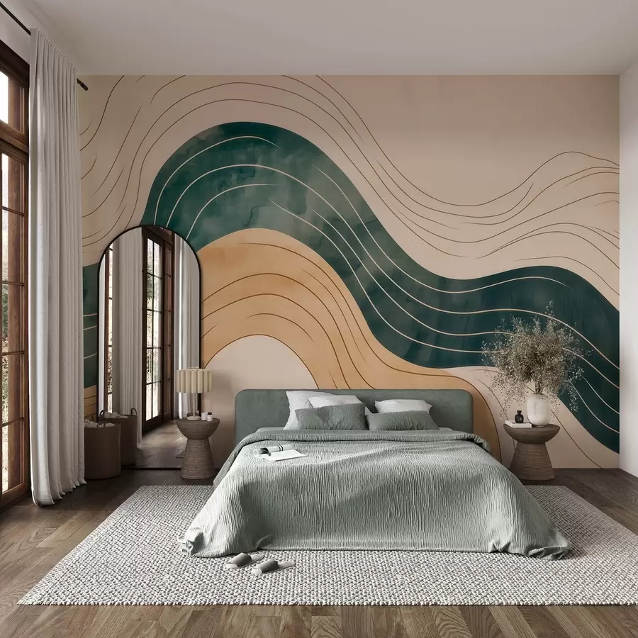 Wall Mural Photo Wallpaper Abstract wavy lines in natural sand and emerald tones w09732