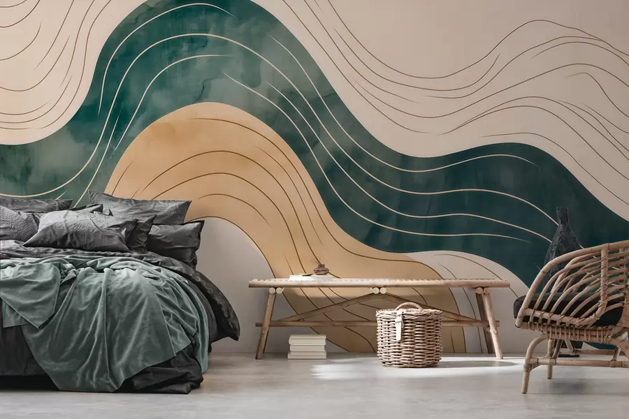 Wall Mural Photo Wallpaper Abstract wavy lines in natural sand and emerald tones w09732