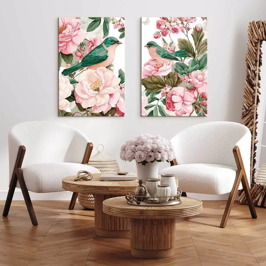 wall murals Birds on delicate pink flowers m30386