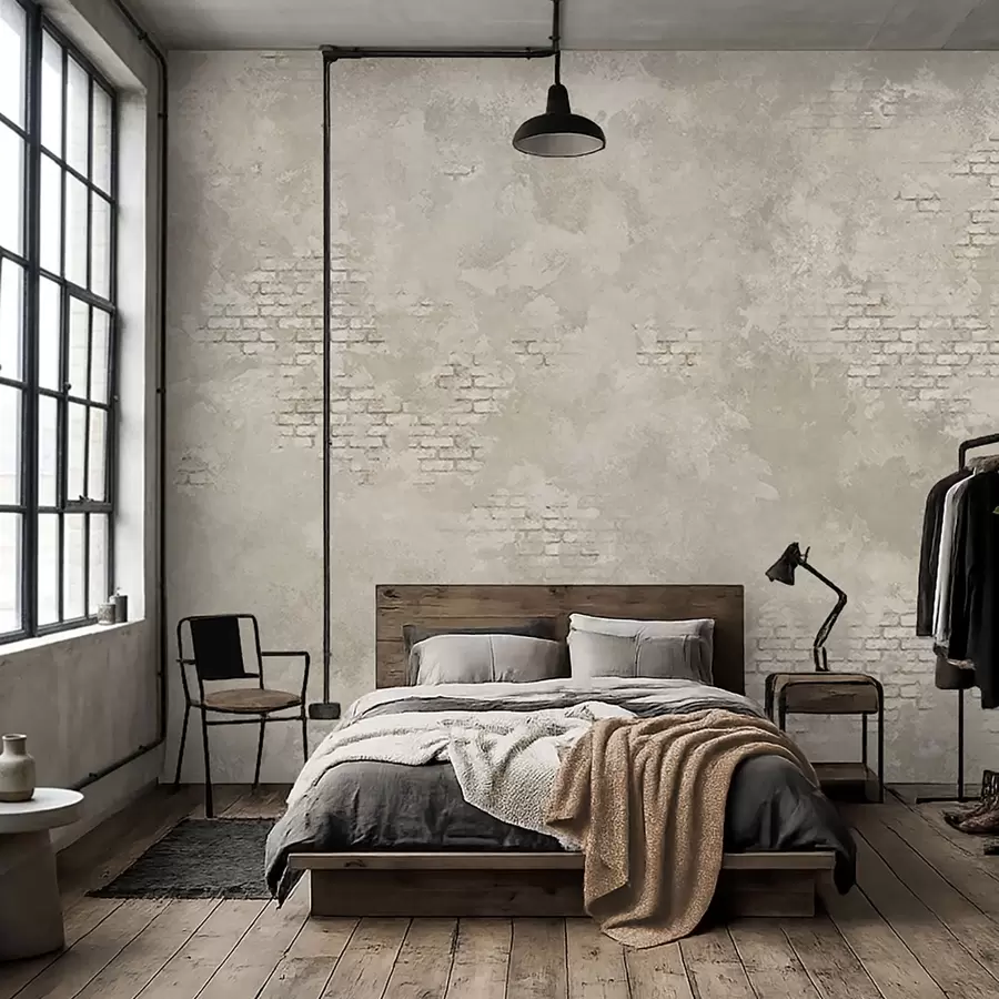 peintures murales Enduit clair de style grunge avec des zones de briques apparentes w05161v1