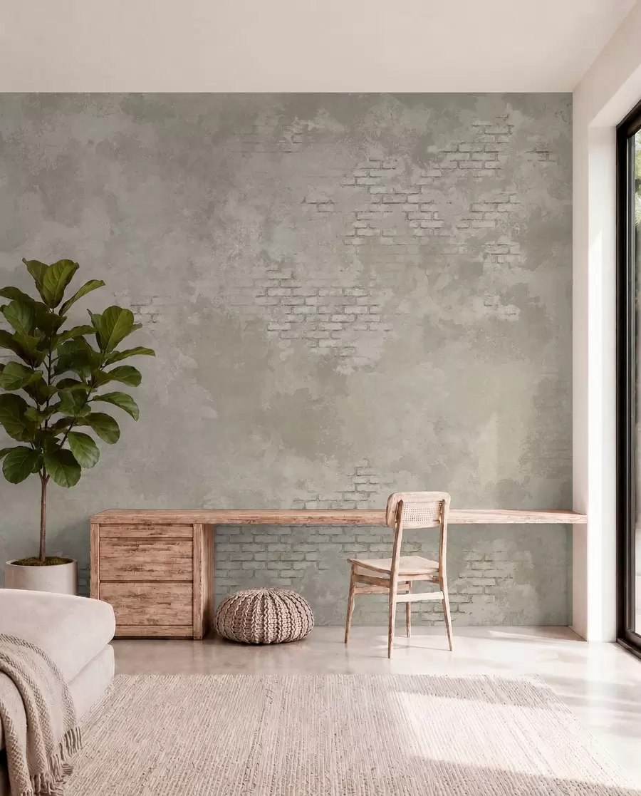 peintures murales Enduit clair de style grunge avec des zones de briques apparentes w05161v1