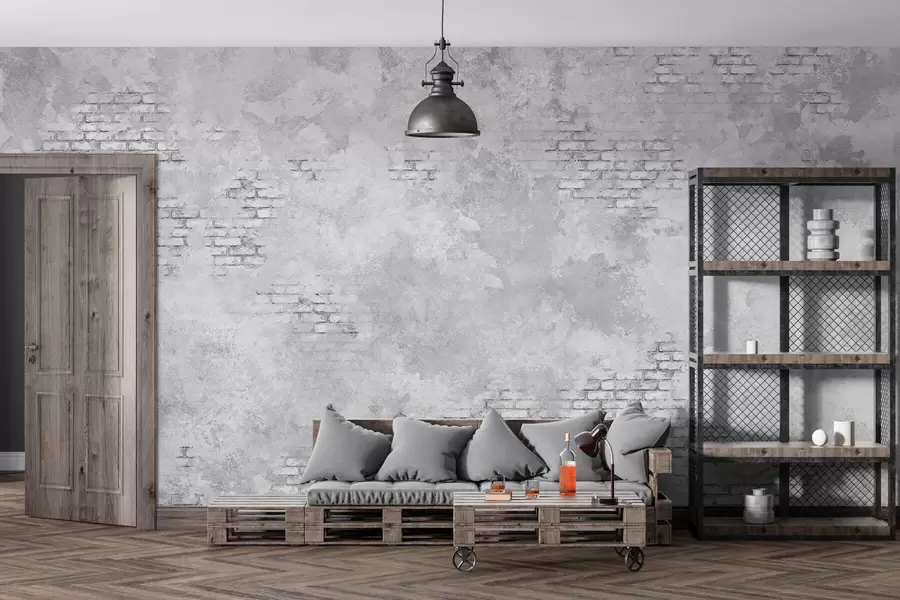 peintures murales Enduit gris grunge avec des parties en briques apparentes w05161v2