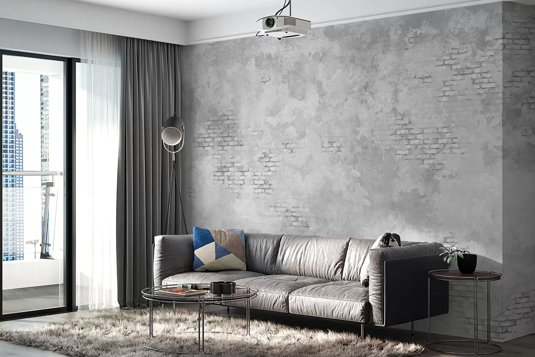 peintures murales Enduit gris grunge avec des parties en briques apparentes w05161v2