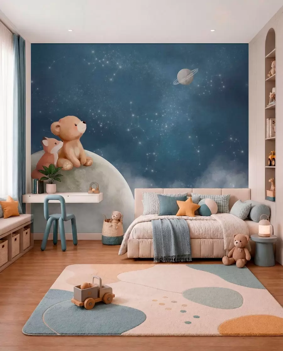 murales Ilustración en tonos pastel de un oso y un zorro bajo el cielo nocturno w05431