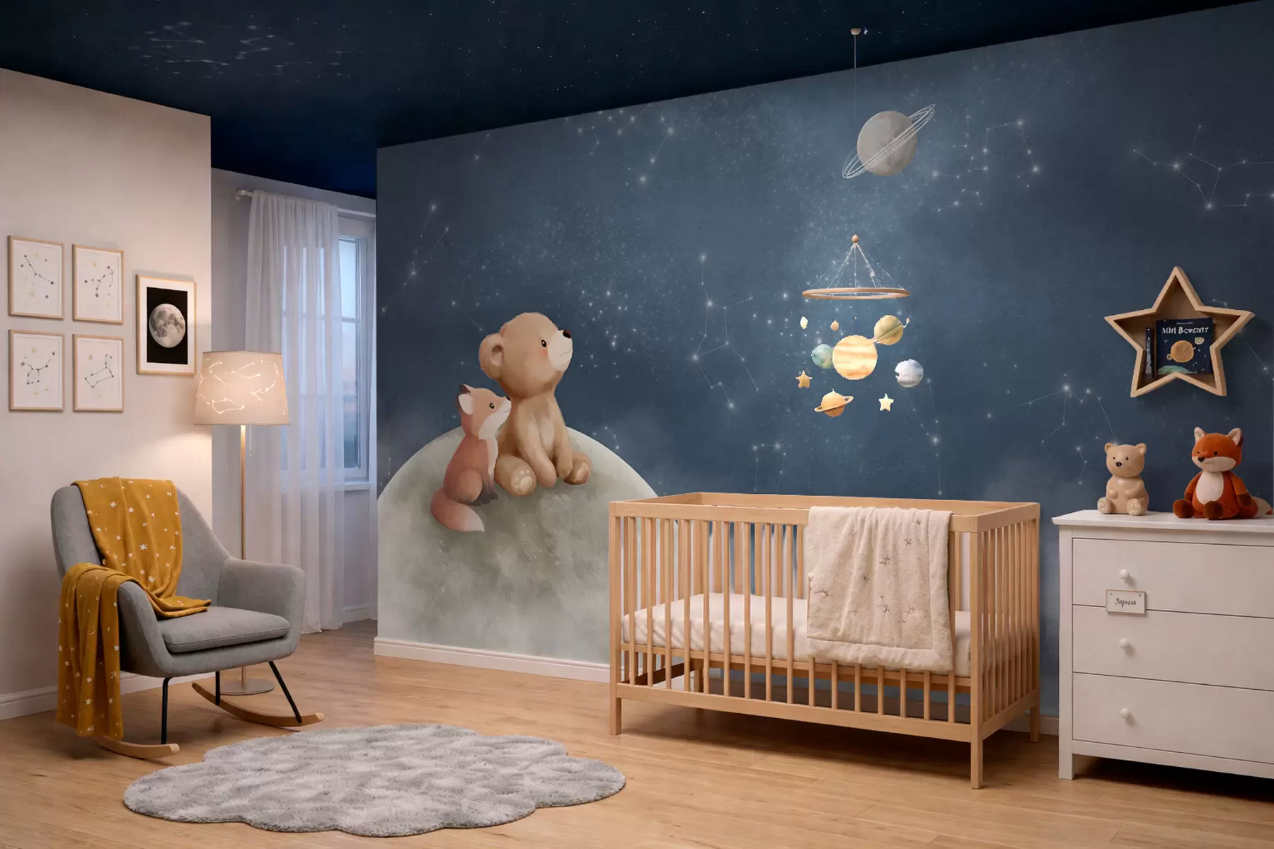 murales Ilustración en tonos pastel de un oso y un zorro bajo el cielo nocturno w05431