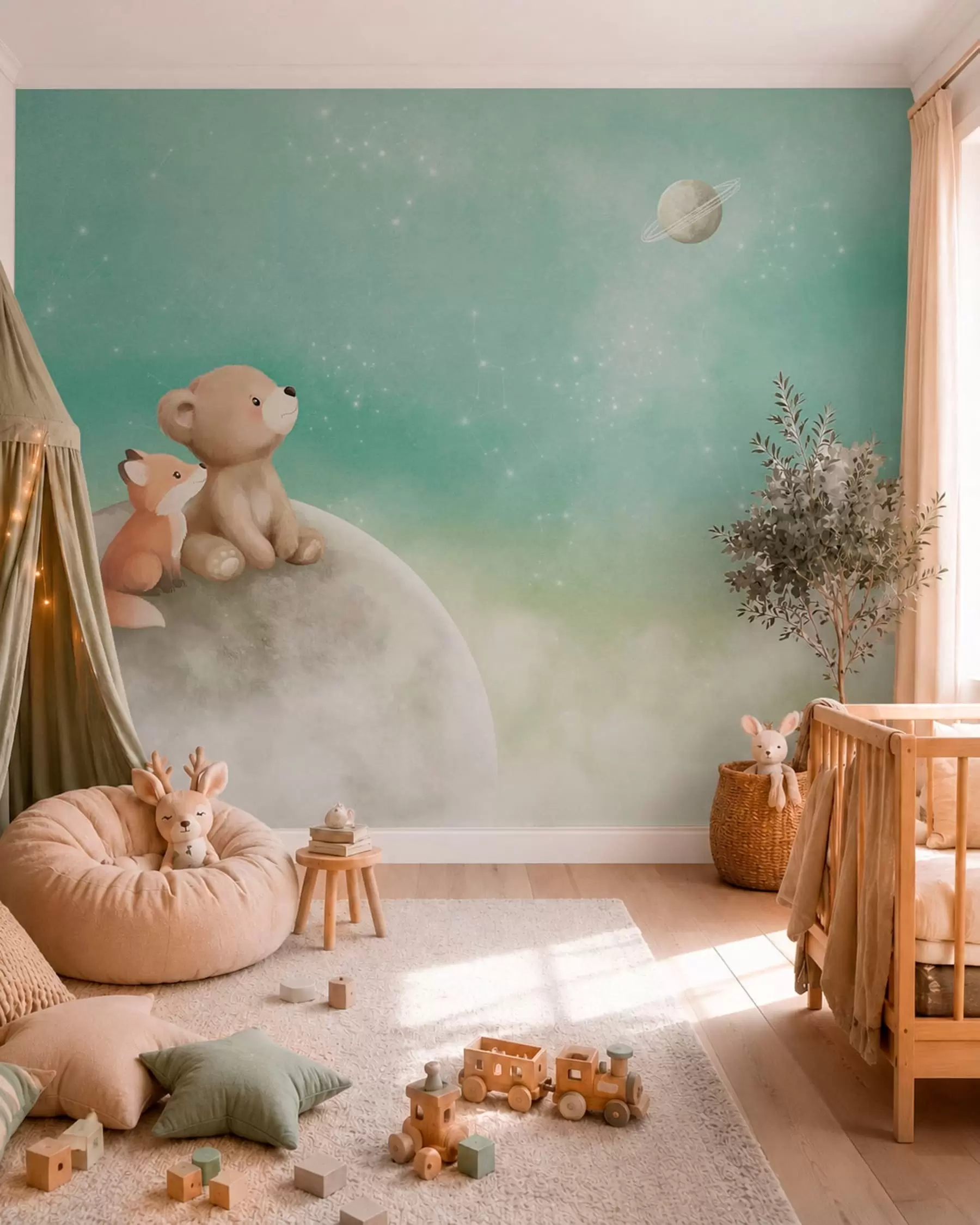 peintures murales Illustration au pastel représentant un ours et un renard sous un ciel vert w05431v1