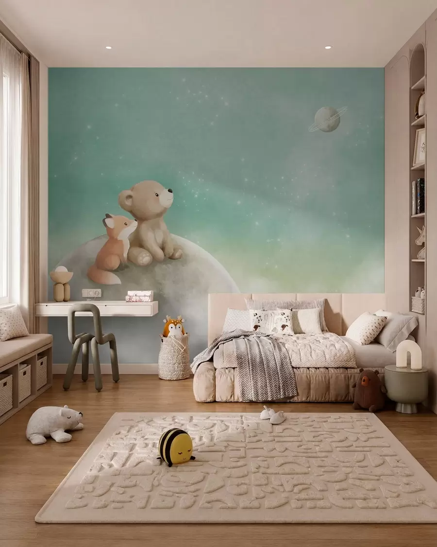 peintures murales Illustration au pastel représentant un ours et un renard sous un ciel vert w05431v1