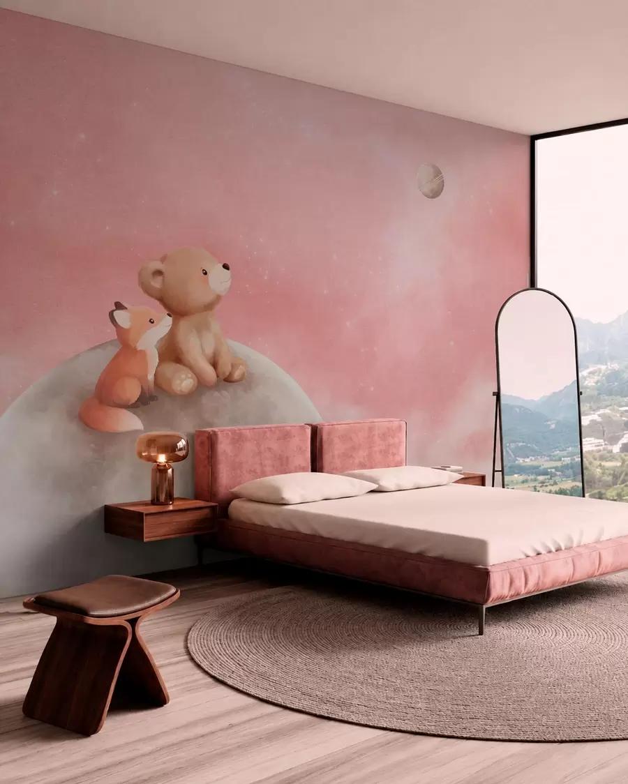 wall murals Pastel illustration bear and fox on moon pink sky w05431v2