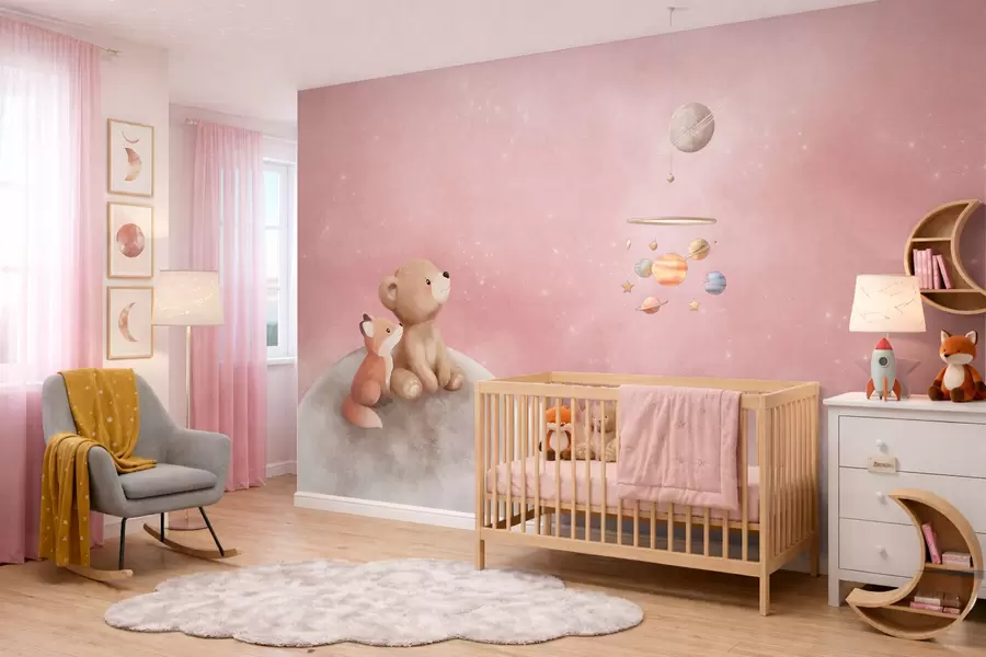 Wall Mural Photo Wallpaper Pastel illustration bear and fox on moon pink sky w05431v2