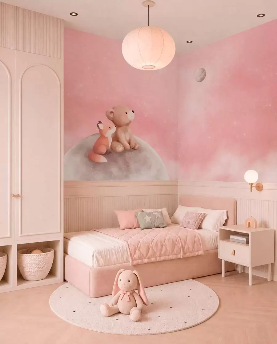 wall murals Pastel illustration bear and fox on moon pink sky w05431v2