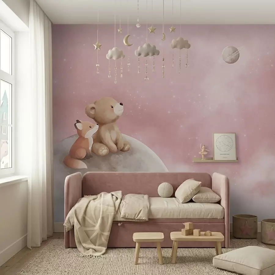 peintures murales Illustration au pastel représentant un ours et un renard sur fond de ciel rose et de lune w05431v2