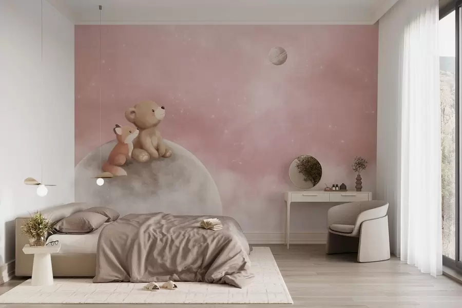wall murals Pastel illustration bear and fox on moon pink sky w05431v2