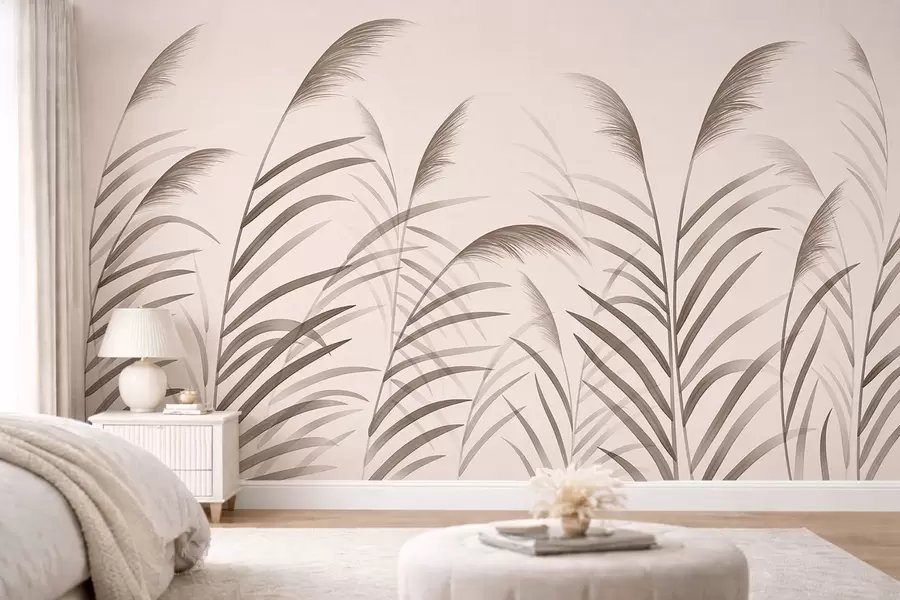 murales Siluetas minimalistas de caña en tonos beige w05432