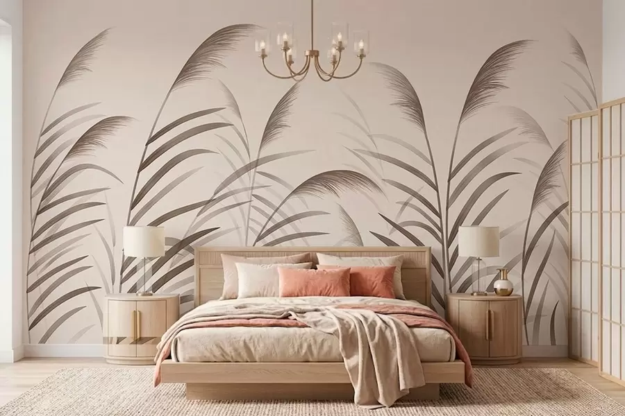 murales Siluetas minimalistas de caña en tonos beige w05432
