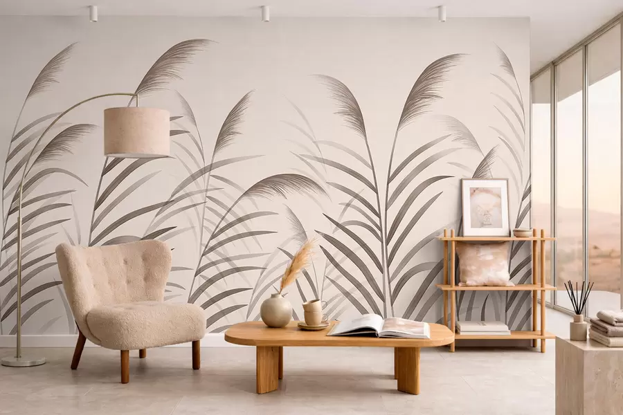 peintures murales Silhouettes minimalistes en roseau dans des tons beiges w05432