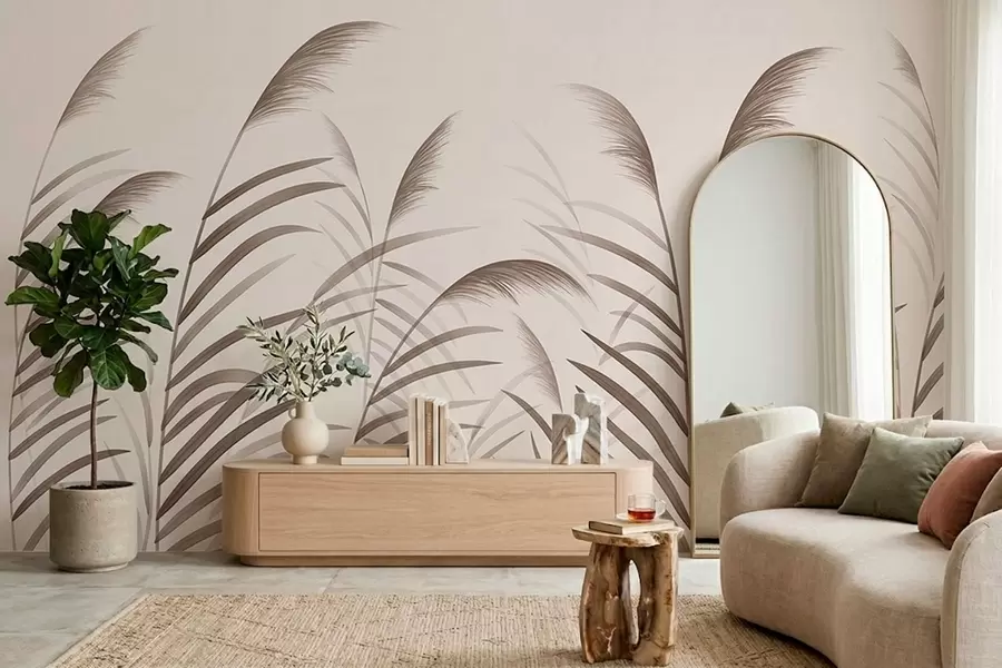 murales Siluetas minimalistas de caña en tonos beige w05432