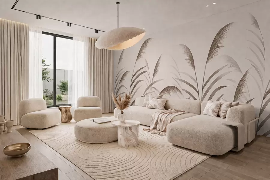 peintures murales Silhouettes minimalistes en roseau dans des tons beiges w05432