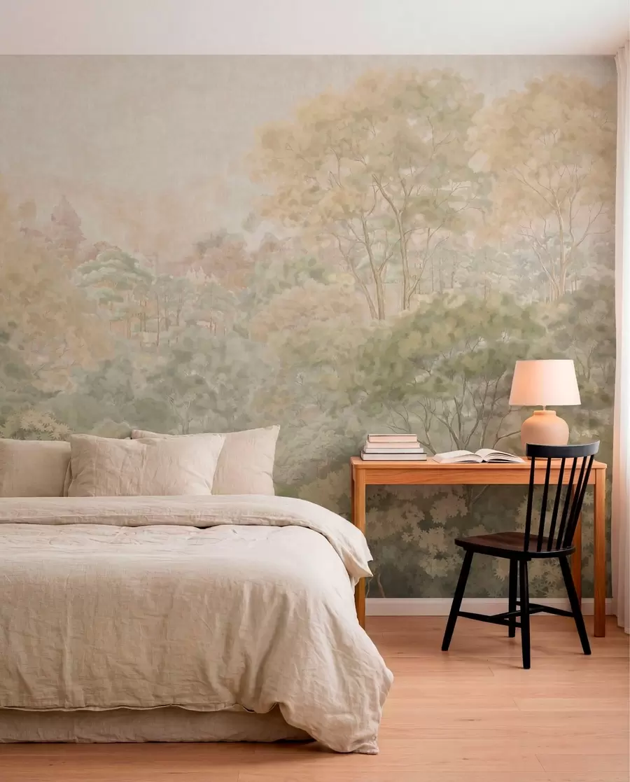 Wall Mural Photo Wallpaper Vintage forest landscape in muted green tones w05433