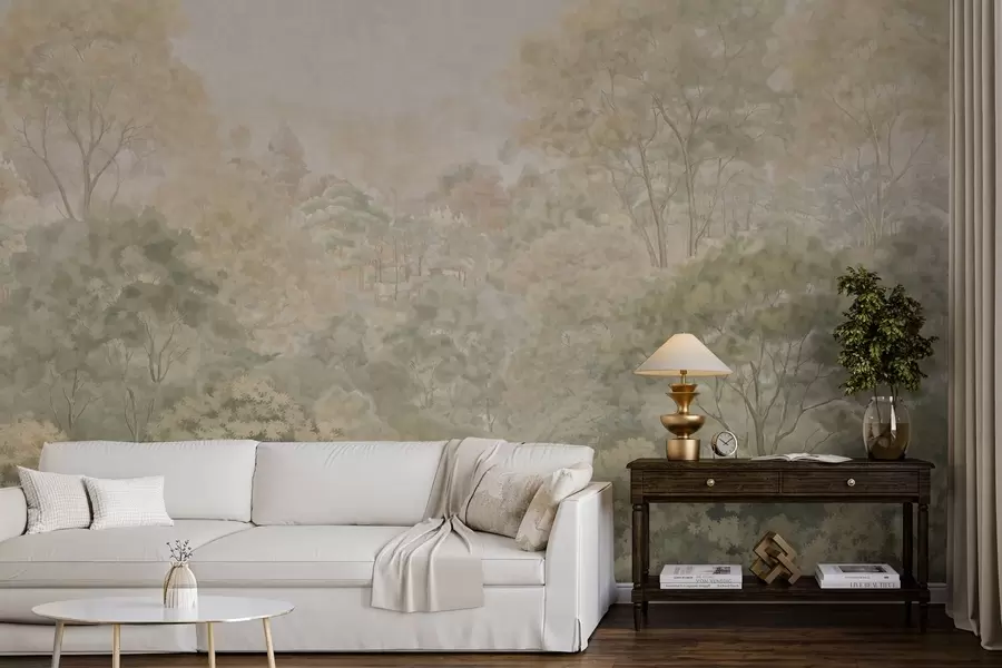 peintures murales Paysage forestier vintage aux tons verts discrets w05433