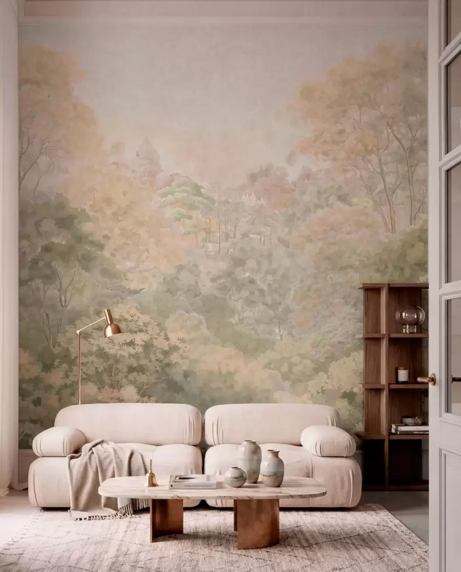 peintures murales Paysage forestier vintage aux tons verts discrets w05433
