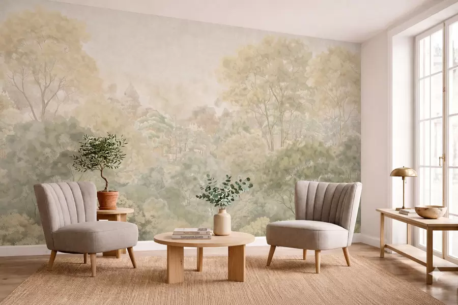 Wall Mural Photo Wallpaper Vintage forest landscape in muted green tones w05433