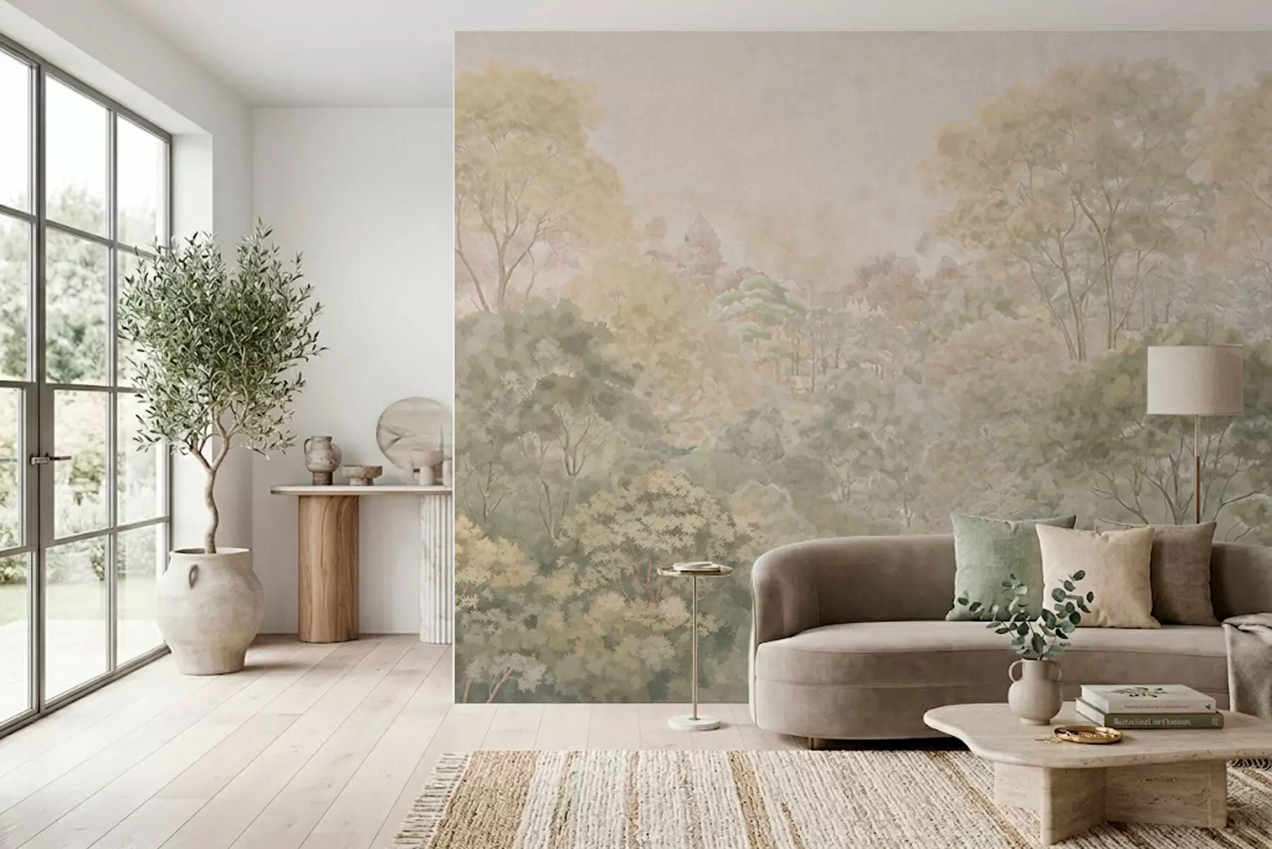 murales Paisaje forestal de estilo vintage en tonos verdes apagados w05433