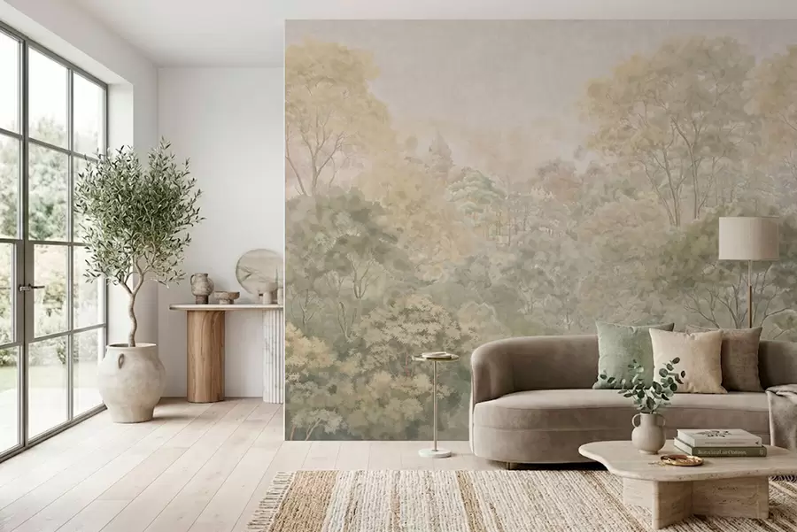 peintures murales Paysage forestier vintage aux tons verts discrets w05433