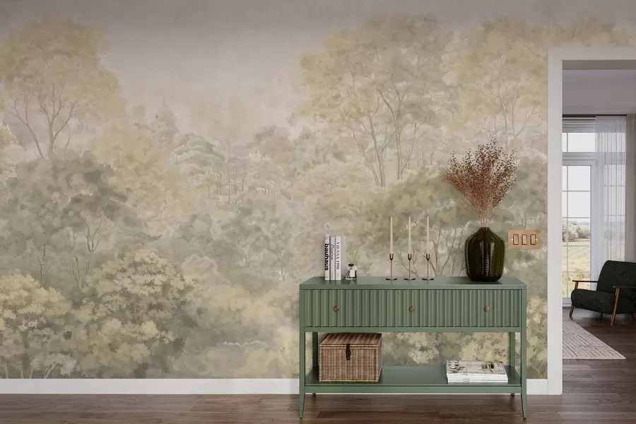 murales Paisaje forestal de estilo vintage en tonos verdes apagados w05433