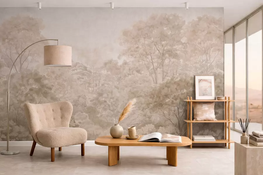 peintures murales Paysage forestier vintage dans des tons beiges chauds w05433v1