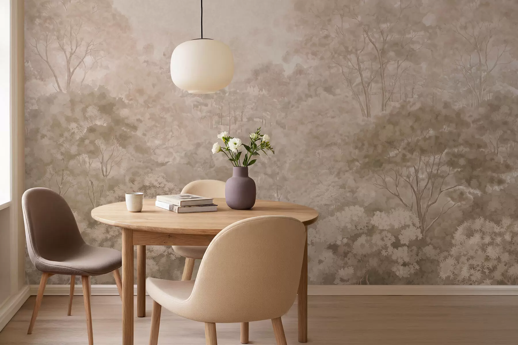murales Paisaje forestal de estilo vintage en cálidos tonos beige w05433v1