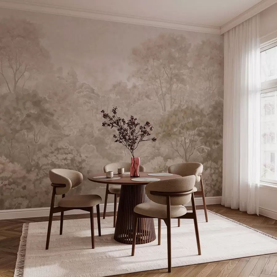 murales Paisaje forestal de estilo vintage en cálidos tonos beige w05433v1