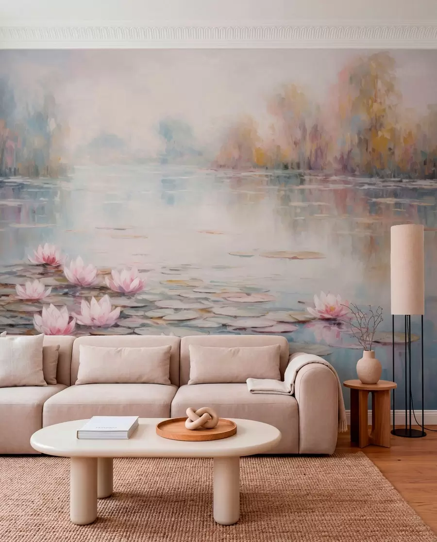 peintures murales Lac impressionniste avec des nénuphars et une lumière douce w05515