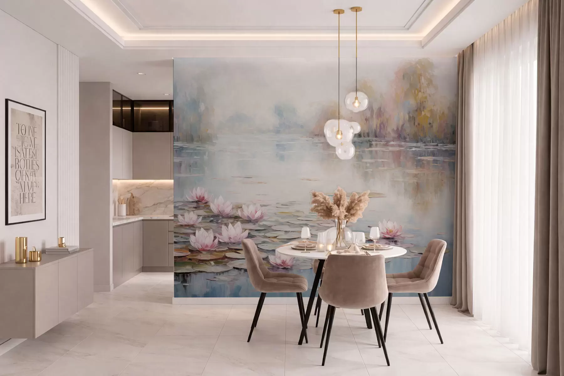 murais de parede Lago impressionista com nenúfares e luz suave w05515