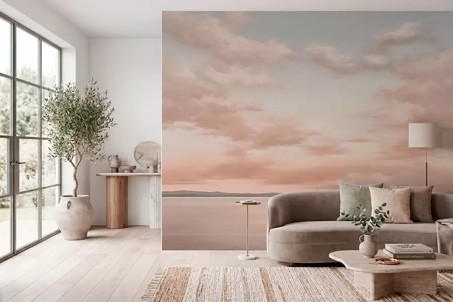 peintures murales Horizon marin minimaliste avec des nuages aux tons pastel w05516