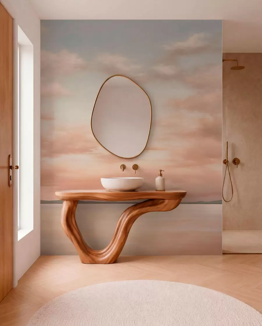 peintures murales Horizon marin minimaliste avec des nuages aux tons pastel w05516