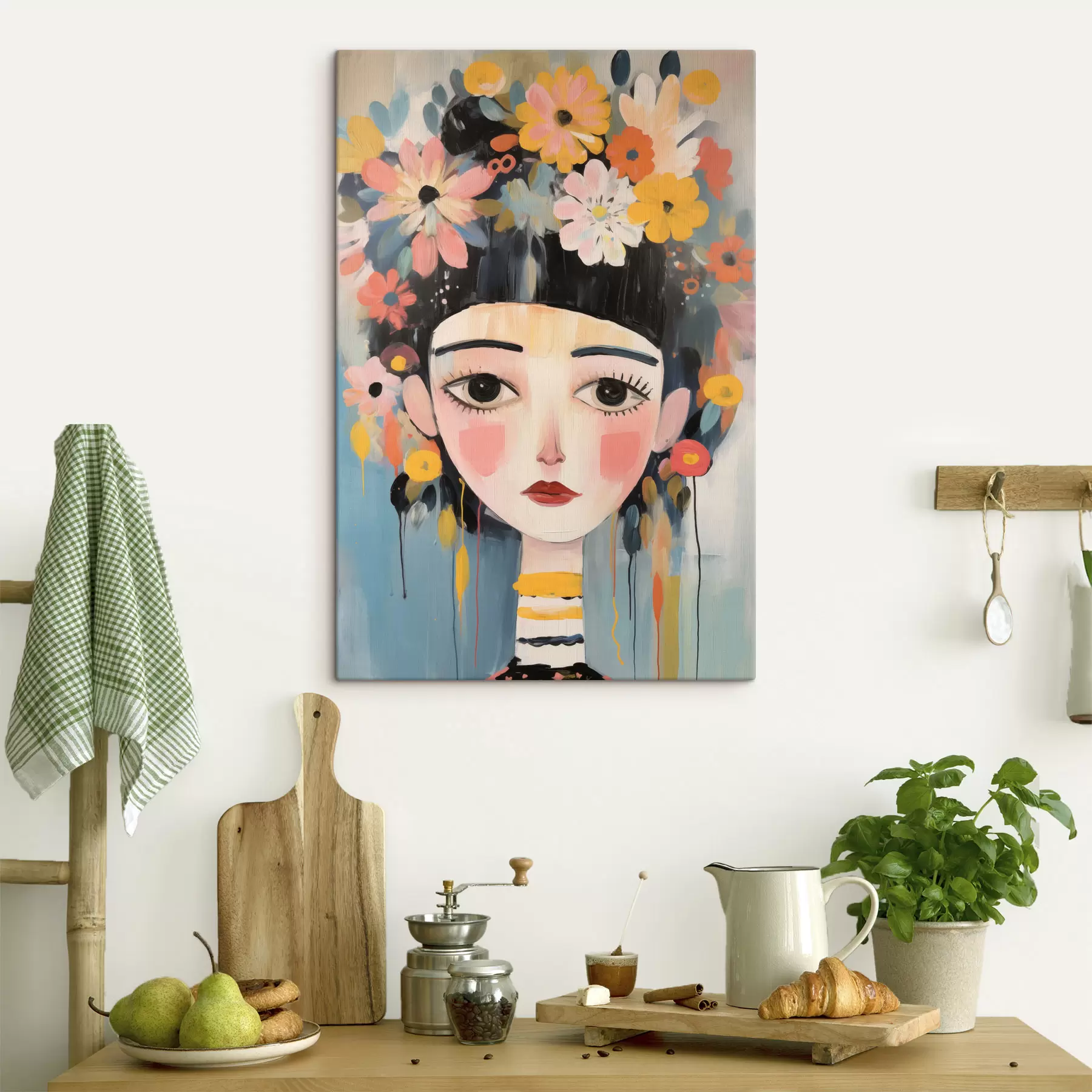 murales Retrato de una mujer con flores en el pelo, estilo abstracto s48935