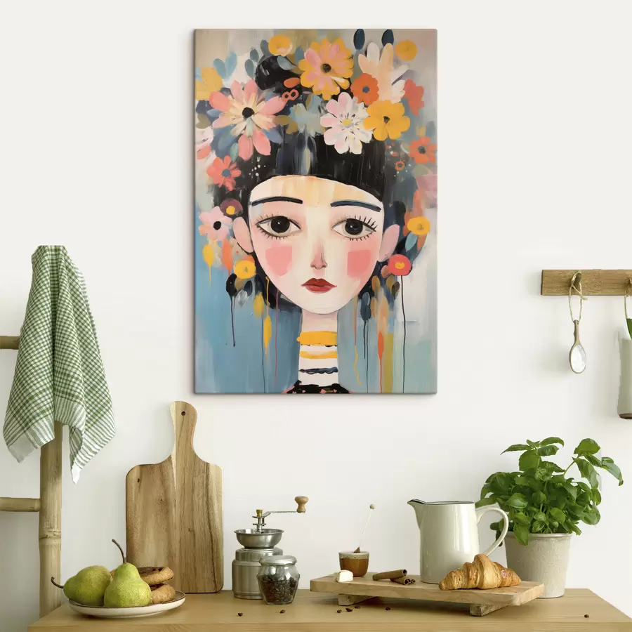 murales Retrato de una mujer con flores en el pelo, estilo abstracto s48935